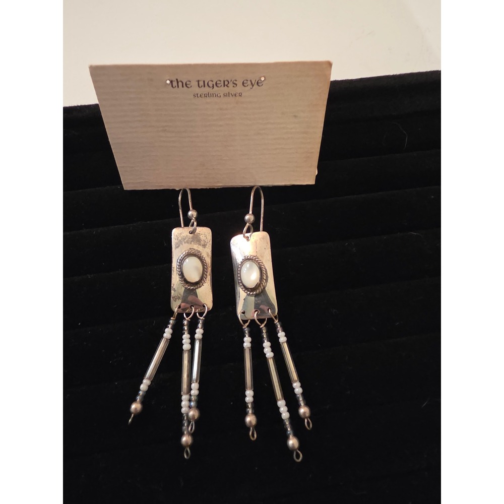 The Tiger's Eye Sterling Silver Mother of Pearl Tassel Dangle Earrings